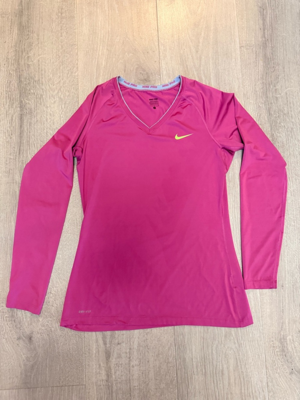 Nike Women's Long-Sleeve V-Neck Top - Hot Pink with Yellow Swoosh